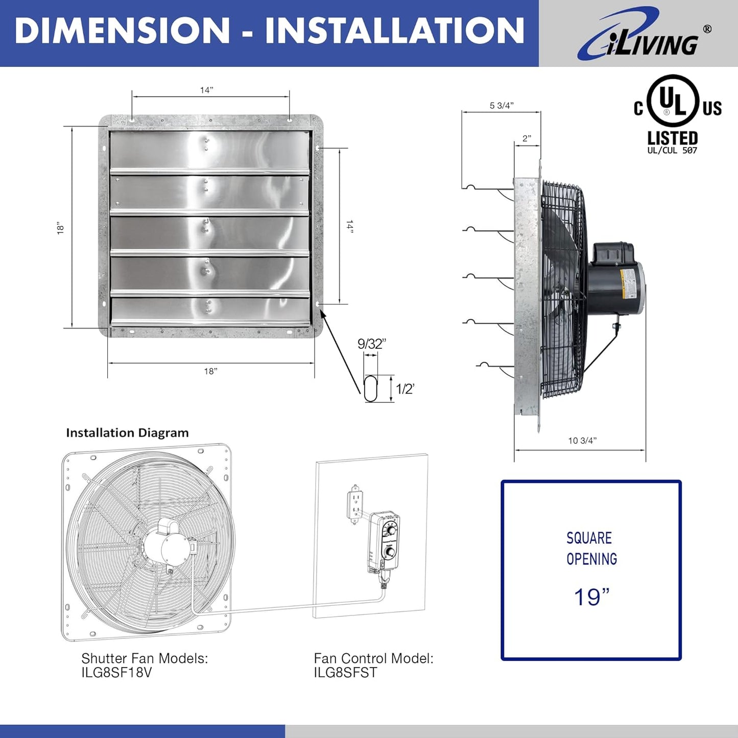 18" Wall Mounted Shutter Exhaust Fan, Automatic Shutter, with Thermostat and Variable Speed Controller, 0.85A, 1736 CFM, 2600 SQF Coverage Area Silver (ILG8SF18V-ST)