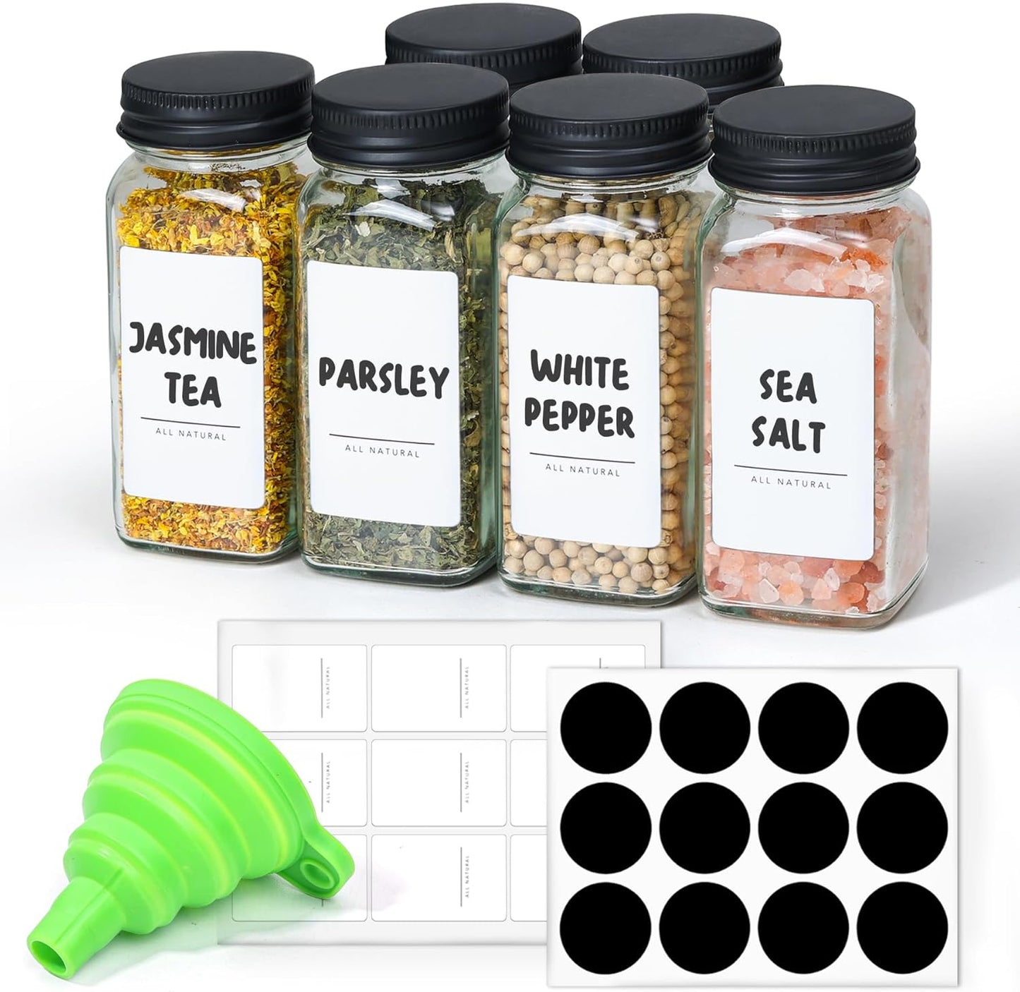6Pcs 4Oz Glass Spice Jars with Shaker Lids, 21 Labels, Spice Jars Trial Set & Supplement Set, Empty Spice Containers and Square Spice Bottles for Kitchen and Seasoning