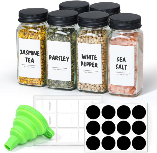 6Pcs 4Oz Glass Spice Jars with Shaker Lids, 21 Labels, Spice Jars Trial Set & Supplement Set, Empty Spice Containers and Square Spice Bottles for Kitchen and Seasoning