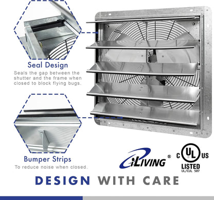 20" Wall Mounted Shutter Exhaust Fan, Automatic Shutter, with Thermostat and Variable Speed Controller, 2.2A, 3368 CFM, 5000 SQF Coverage Area Silver (ILG8SF20V-ST)