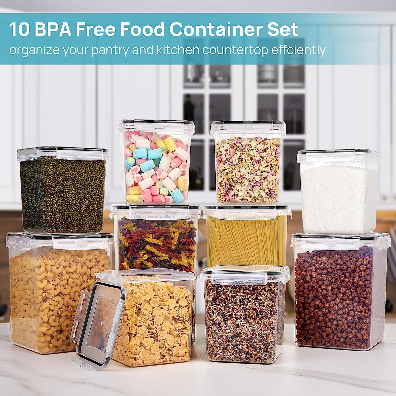 10 PCS Flour Storage Container, Large Airtight Food Storage Containers with Lids for Kitchen, Pantry Organizers, BPA Free, Black