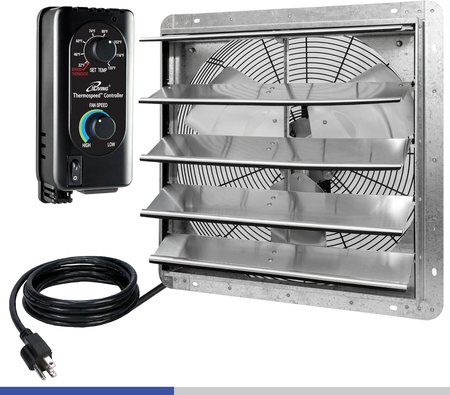 20" Wall Mounted Shutter Exhaust Fan, Automatic Shutter, with Thermostat and Variable Speed Controller, 2.2A, 3368 CFM, 5000 SQF Coverage Area Silver (ILG8SF20V-ST)